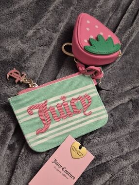 Juicy Couture Pink & Mint Stripe Coin Pouch with Strawberry Charm